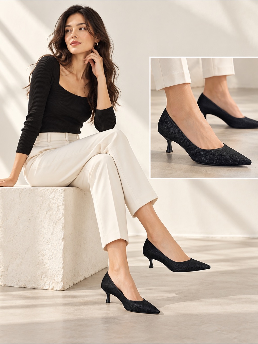 Stewart Weitzman Classic Pointed Toe Kitten Heel Textured Pumps - Black size 11